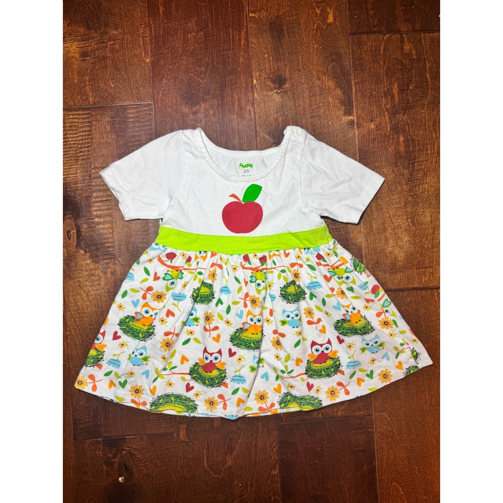Kids Owl Apple Print Cotton Dress White Green Toddler Size‎ 2/3 Short Sleeve
